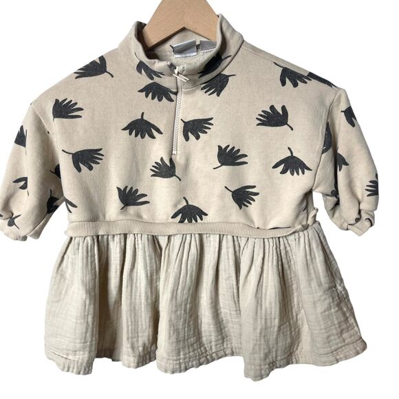 Zara 1/2 Zip Floral Sweater Dress Long Sleeve Mock Neck Ruffle Hem Tan 2-3 Years - Picture 2 of 5